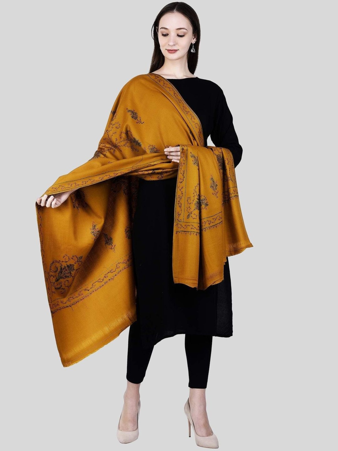 

SWI Stylish Floral Embroidered Pure Woollen Shawl, Mustard