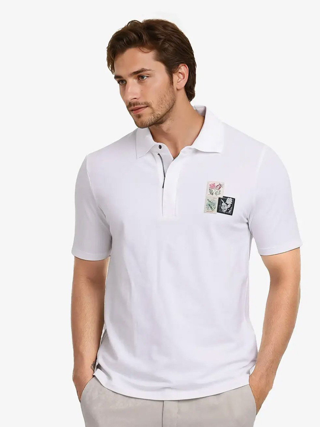 

RARE RABBIT Men Polo Collar Raw Edge T-shirt, White