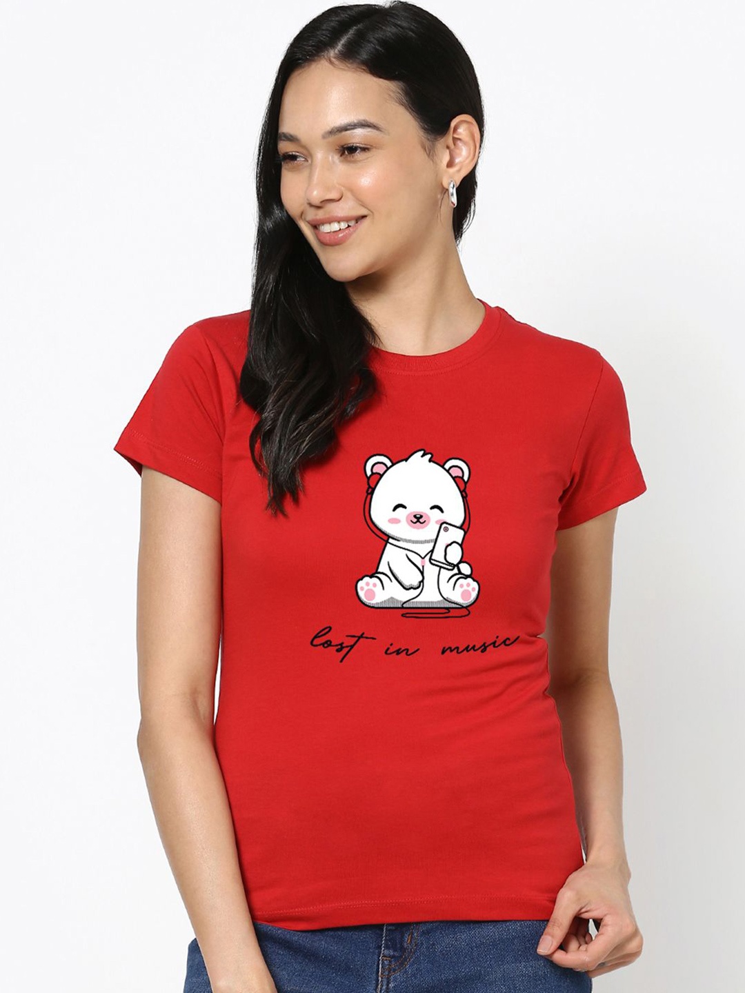 

Bewakoof Women Printed Pure Cotton T-shirt, Red