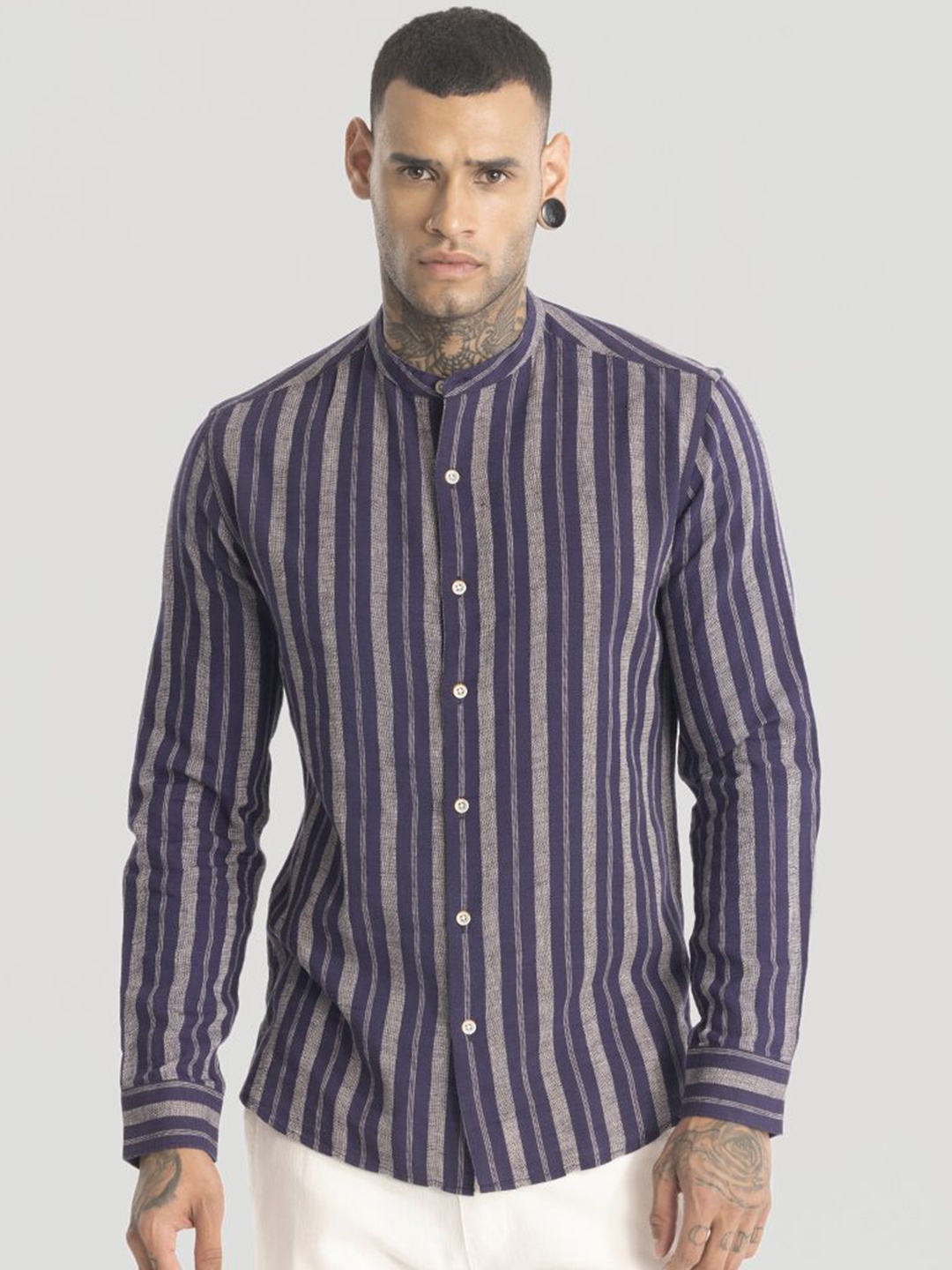 

Snitch Men Smart Slim Fit Opaque Striped Casual Shirt, Blue