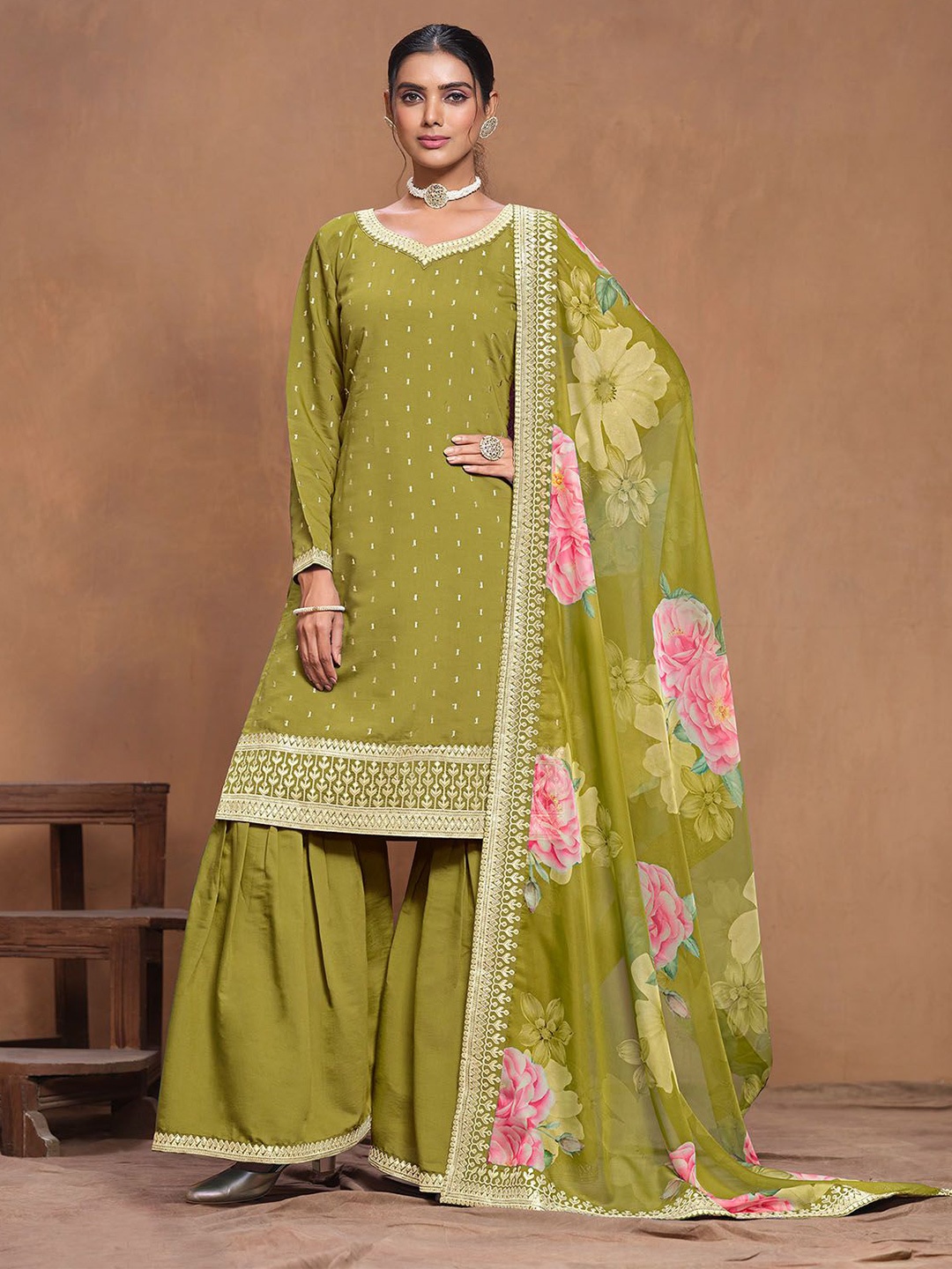

ODETTE Floral Embroidered V-Neck Kurta with Sharara & Dupatta, Green