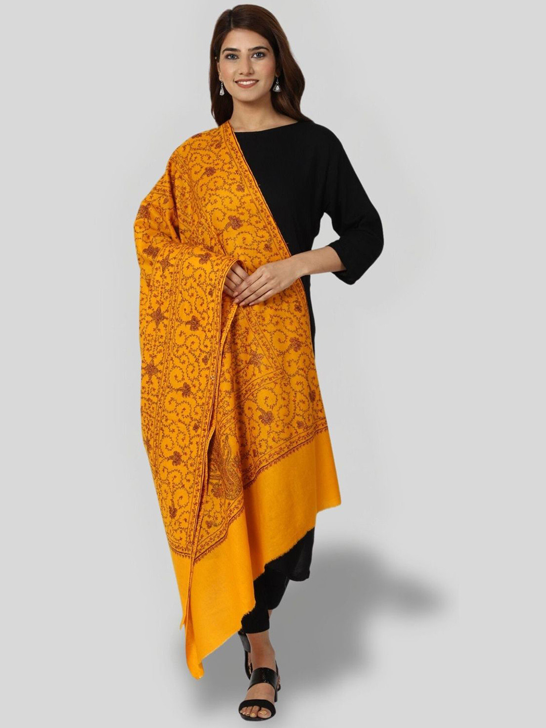 

SWI Stylish Floral Embroidered Pure Woollen Shawl, Yellow