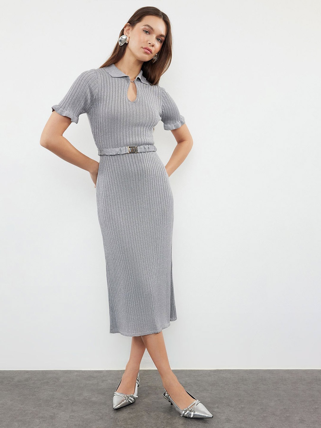 

Trendyol Striped Keyhole Neck Sheath Midi Dress, Na