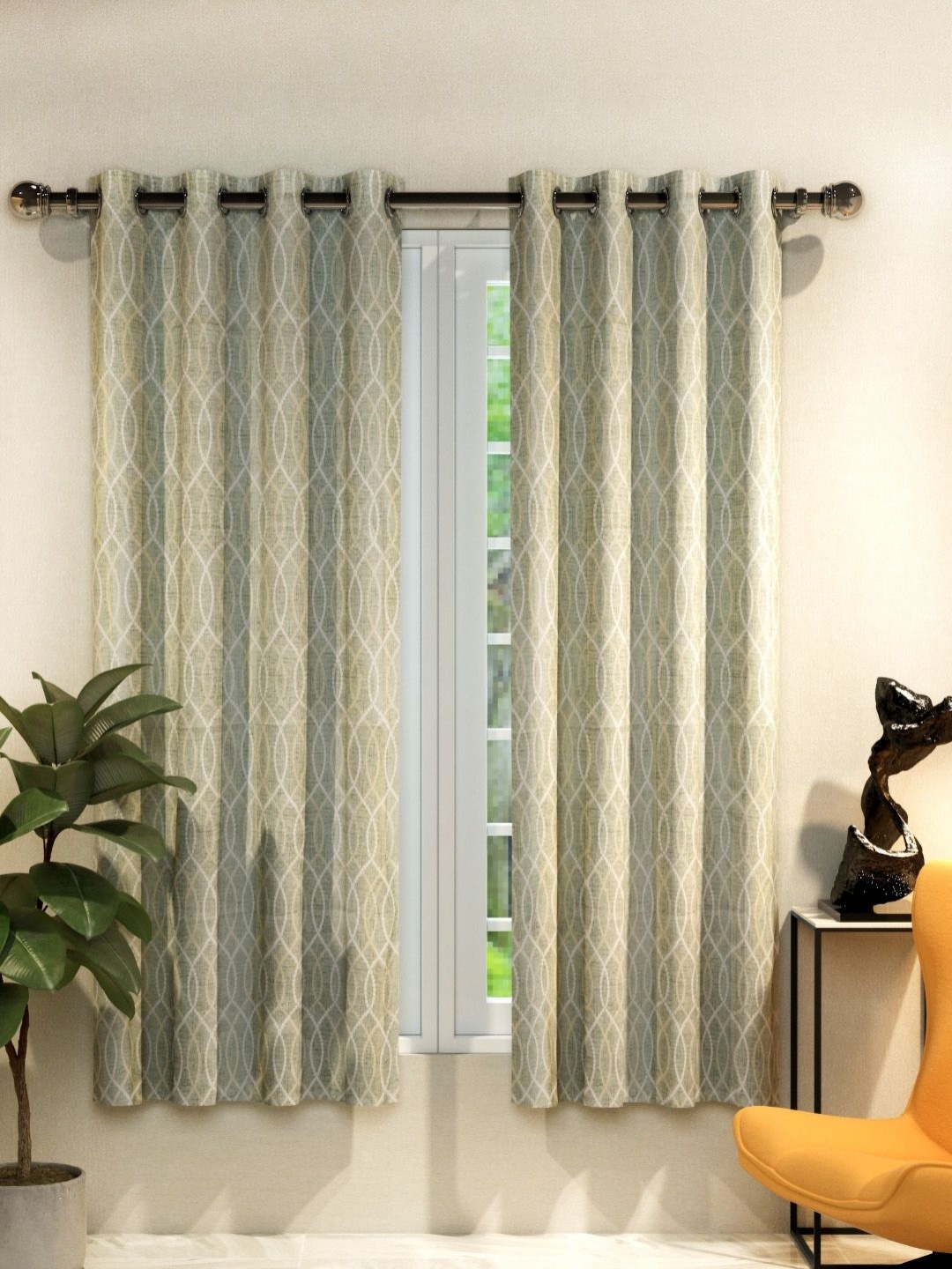 

Aura Green & White 2 Pieces Geometric Window Curtains