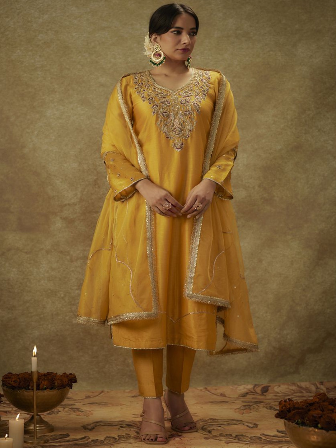 

The Aarya Floral Embroidered Regular Sequinned Chanderi Silk Kurta With Trousers & Dupatta, Yellow