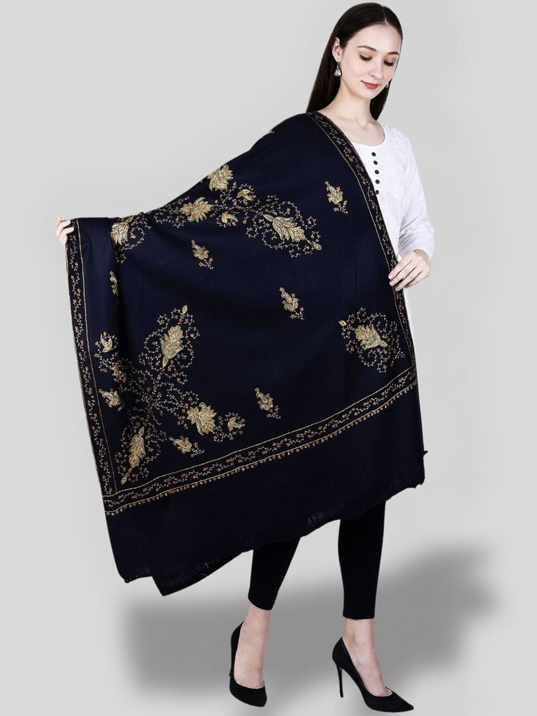 

SWI Stylish Floral Embroidered Pure Woollen Shawl, Navy blue