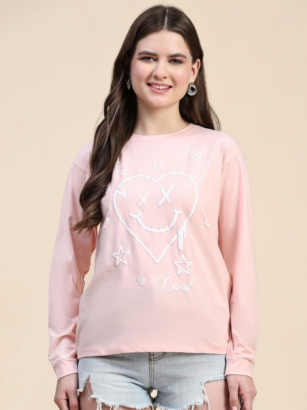 

AECK Women Graphic Printed Round Neck Cotton T-shirt, Peach