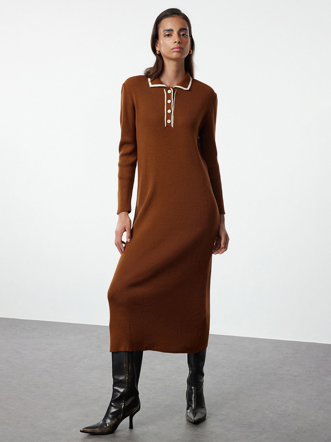 

Trendyol A-Line Shirt Collar Midi Dress, Brown