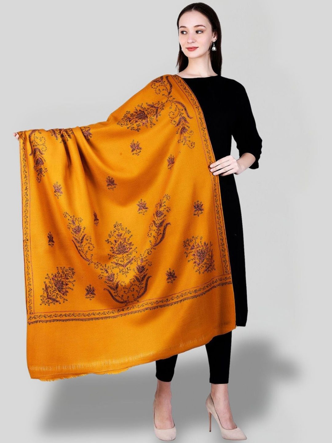 

SWI Stylish Paisley Embroidered Woollen Shawl, Mustard