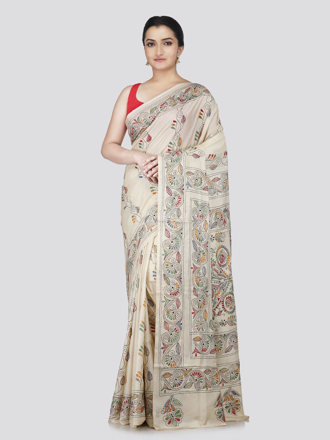 

PinkLoom Floral Kantha Work Pure Silk Saree, Beige