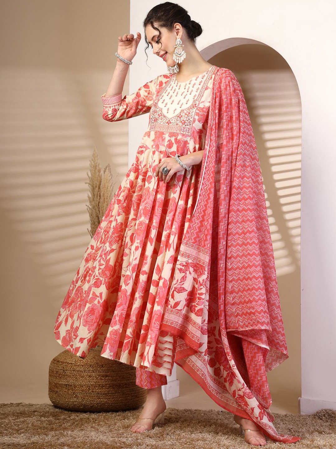 

GULMOHAR JAIPUR Ethnic Motifs Printed Pure Cotton Anarkali Kurta With Palazzos & Dupatta, Peach