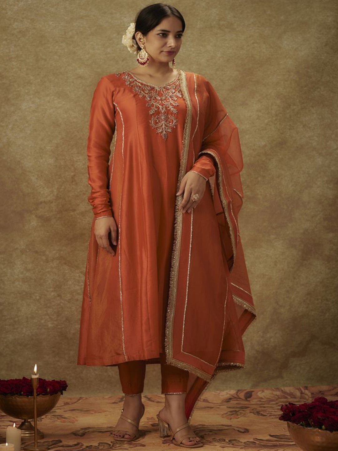 

The Aarya Floral Embroidered Beads and Stones Chanderi Silk Kurta with Trousers & Dupatta, Orange