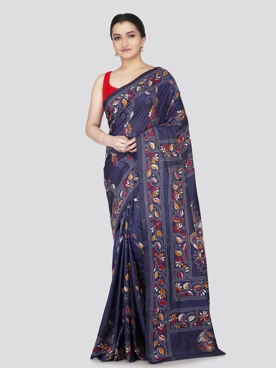 

PinkLoom Floral Kantha Work Pure Silk Saree, Purple
