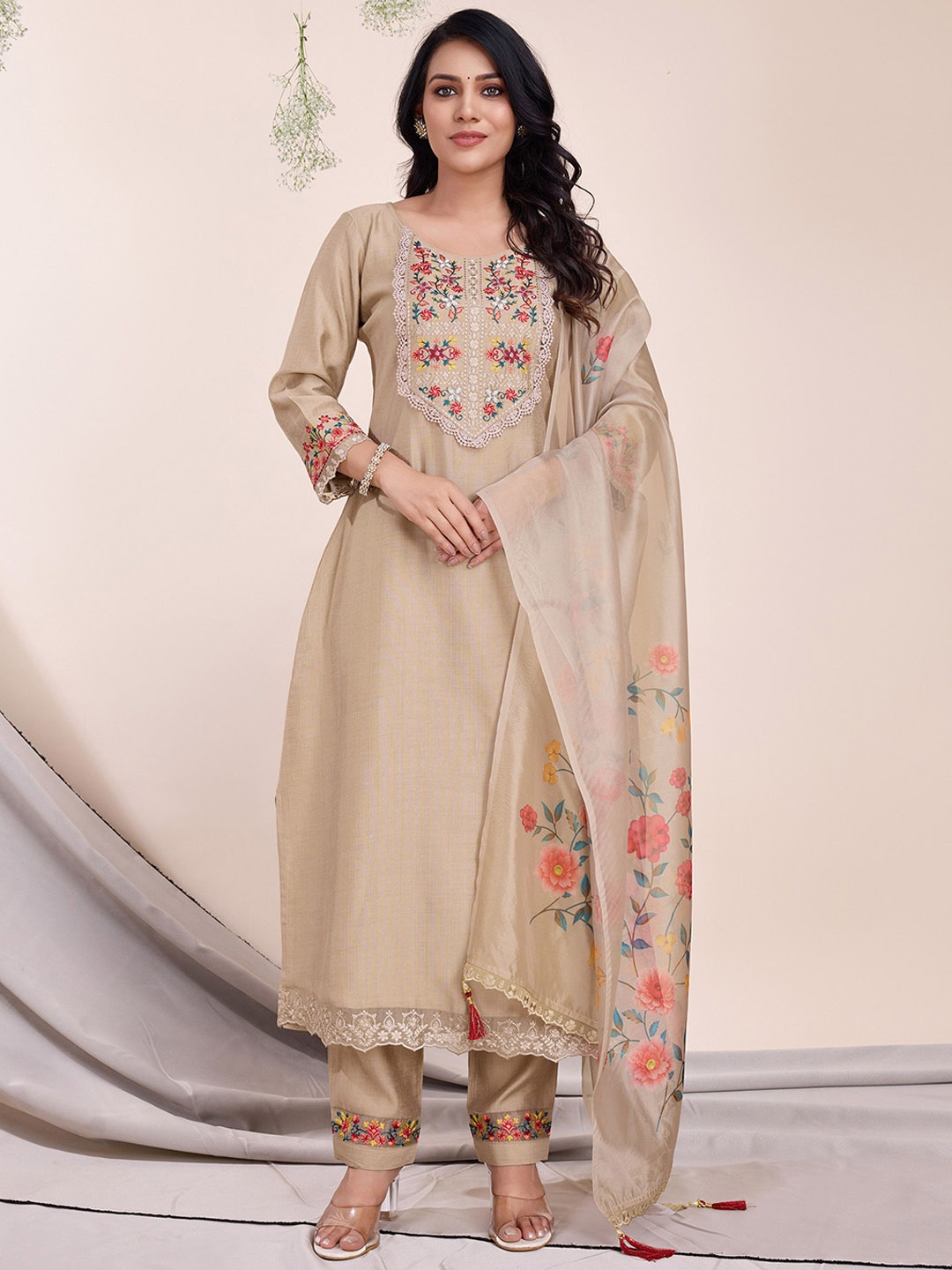 

MOJILAA Floral Embroidered Beads and Stones Straight Kurta with Trousers & With Dupatta, Khaki