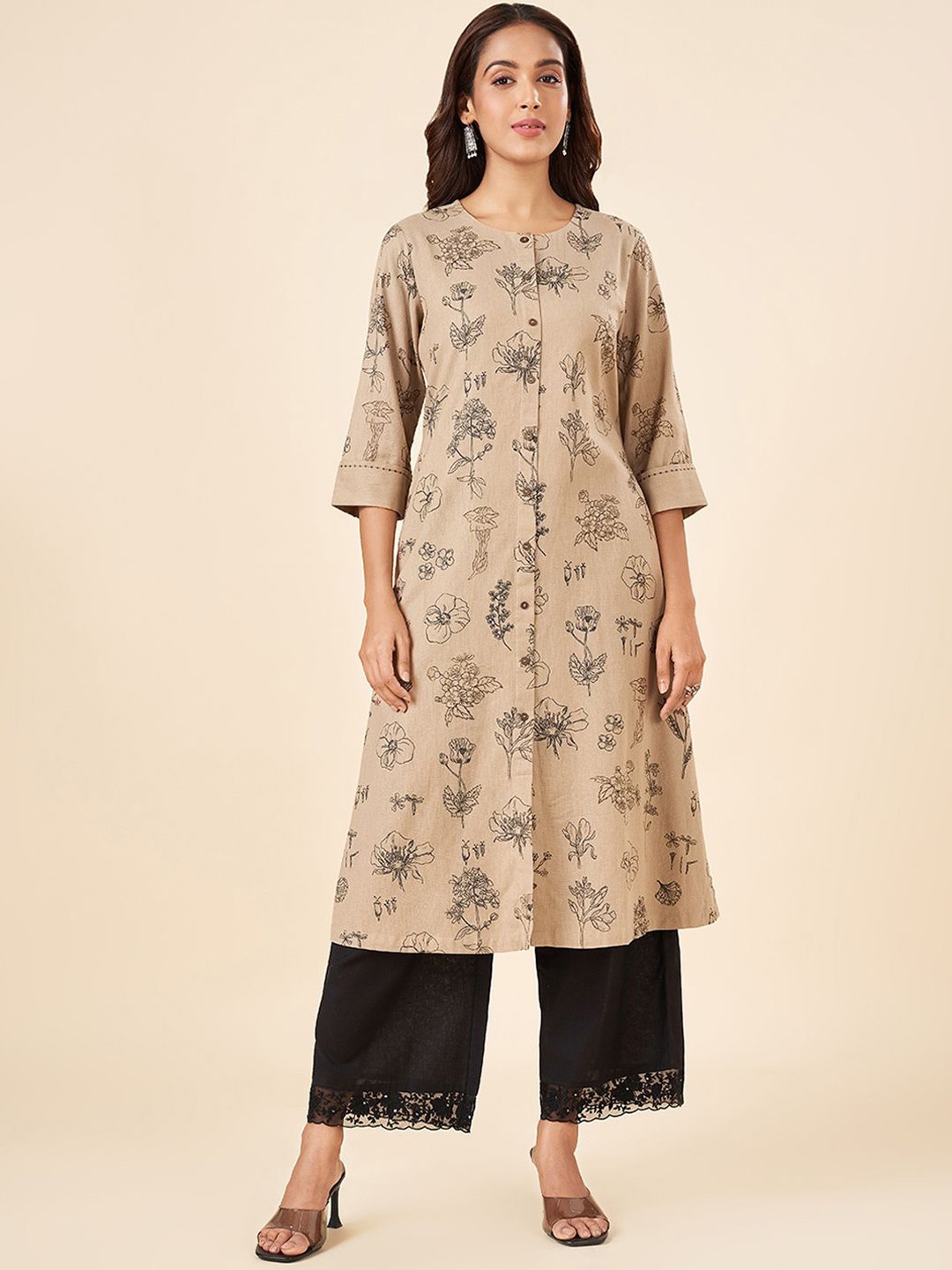 

RANGMANCH BY PANTALOONS Floral Printed Cotton Anarkali Kurta, Brown