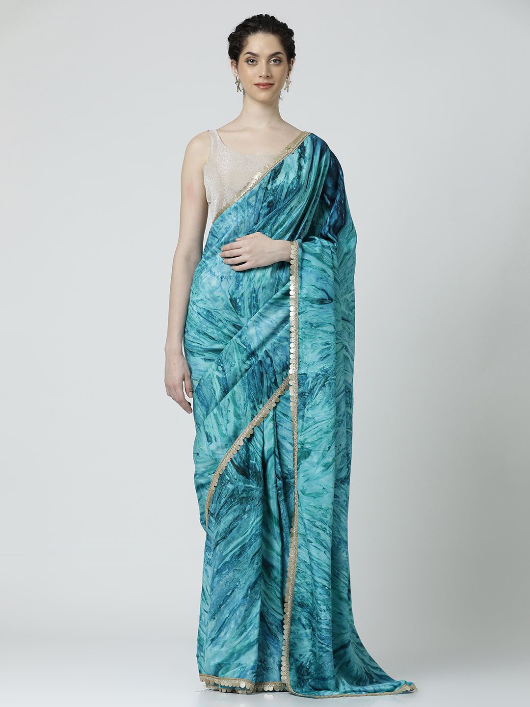 

Jaipur Kurti Tie and Dye Gotta Patti Satin Saree, Turquoise blue
