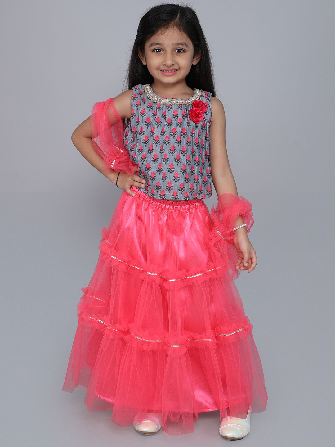 

MANY FROCKS & Girls Printed Gotta Patti Net Ready to Wear Lehenga Blouse With Dupatta, Pink