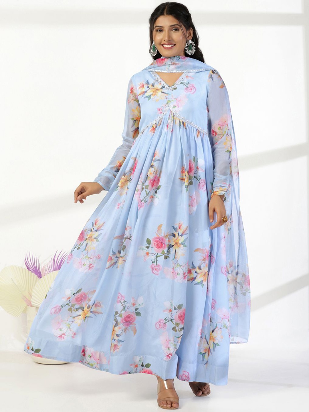 

BAESD Floral Printed Maxi Ethnic Ready to Wear Dress With Dupatta, Blue