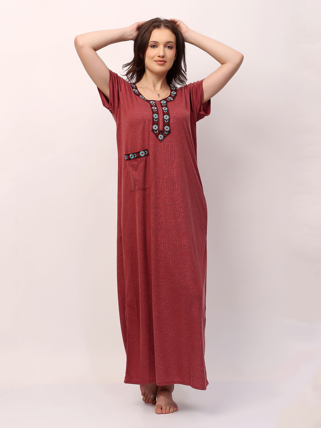 

NIGHT KEYS Embroidered Maxi Nightdress, Maroon