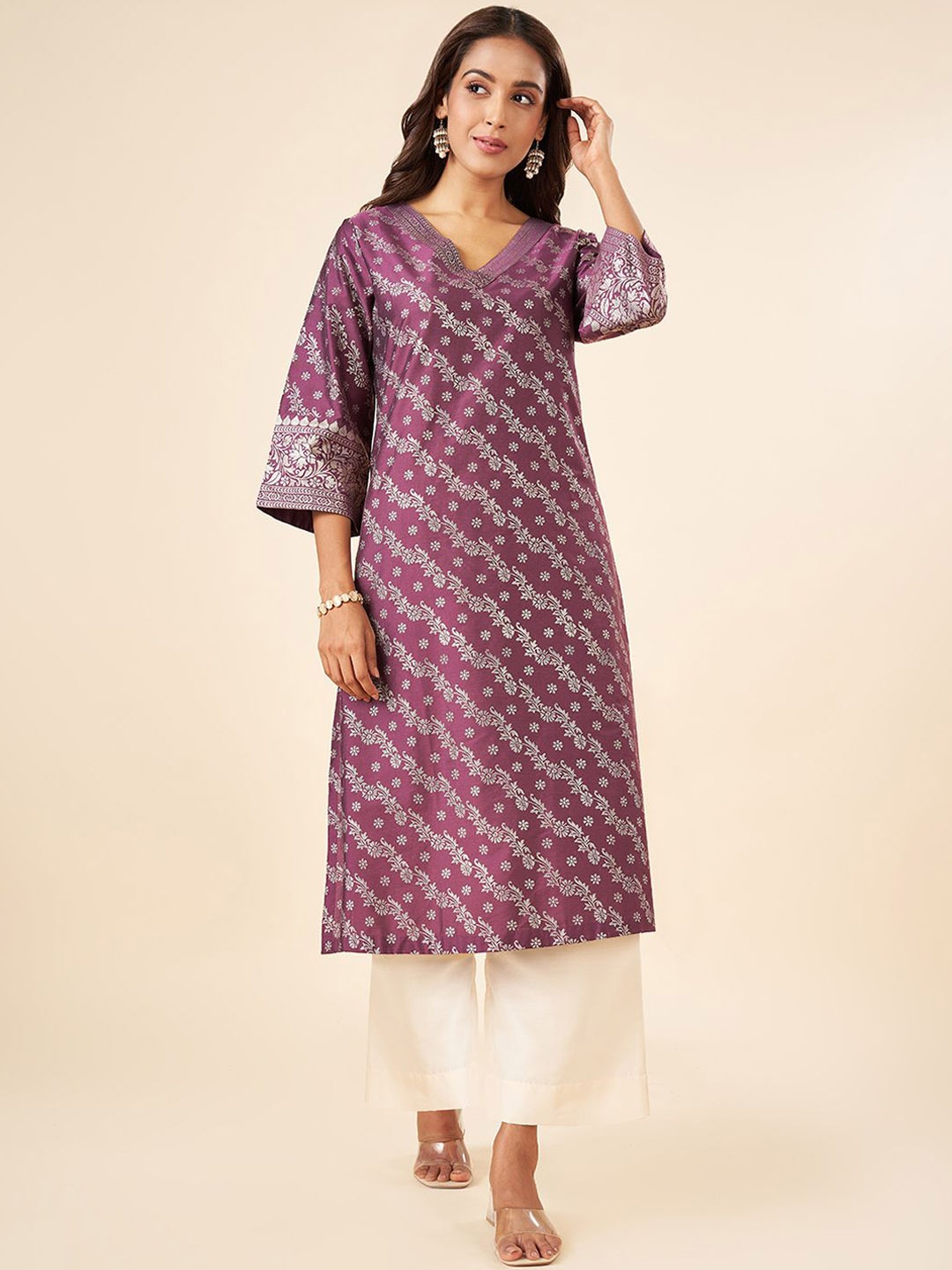 

RANGMANCH BY PANTALOONS Ethnic Motifs Printed Flared Sleeves A Line Kurta, Purple