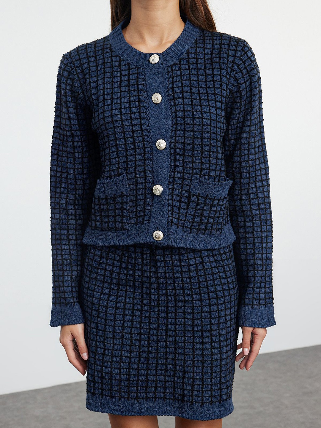 

Trendyol Self Design Acrylic Sweater & Skirt, Navy blue