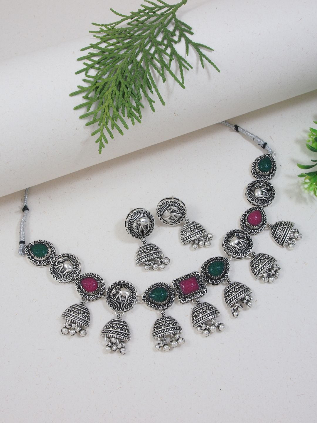 

I Jewels Silver Plated Stones Studded Boho Oxidised Ghungroo Jewellery Set