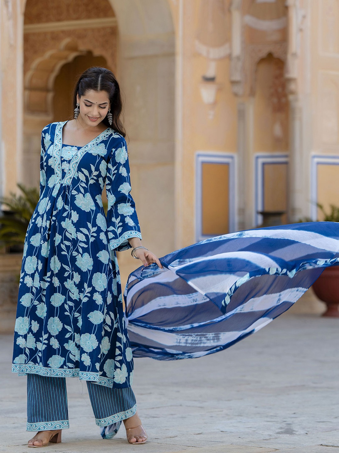 

Anouk Floral Printed Pleated Mirror Work Pure Cotton A-Line Kurta with Trousers & Dupatta, Blue