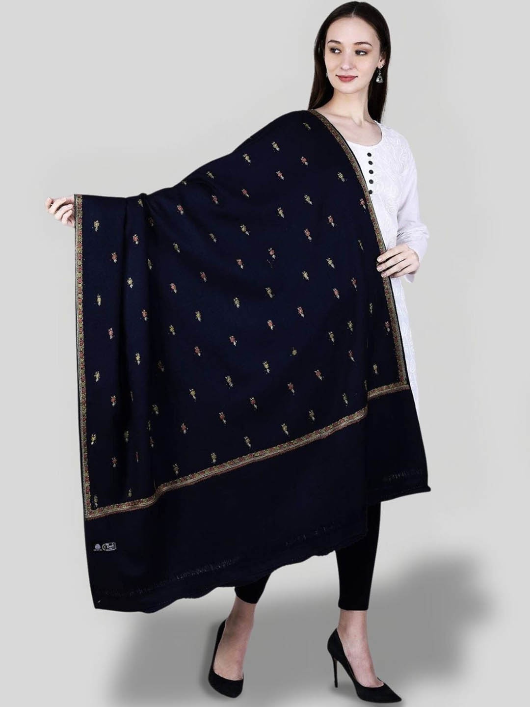

SWI Stylish Ethnic Motifs Embroidered Woollen Shawl, Navy blue