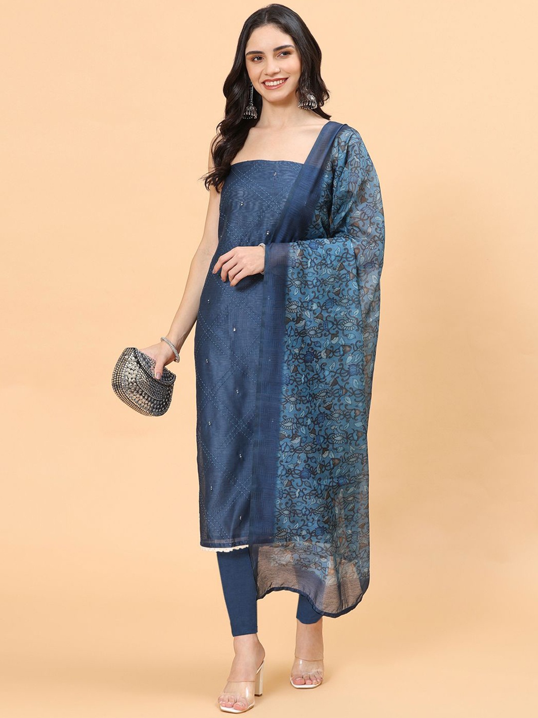 

Meena Bazaar Geometric Embroidered Unstitched Dress Material, Navy blue