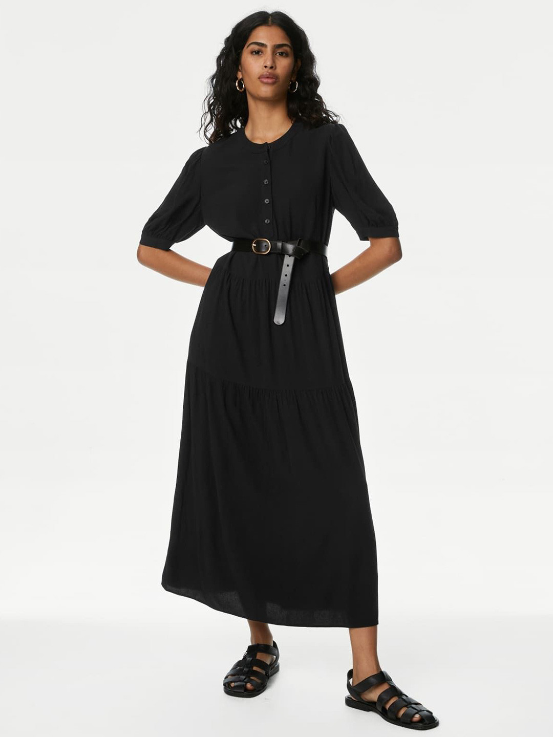 

Marks & Spencer Round Neck Fit & Flare Midi Dress Comes with a belt, Black