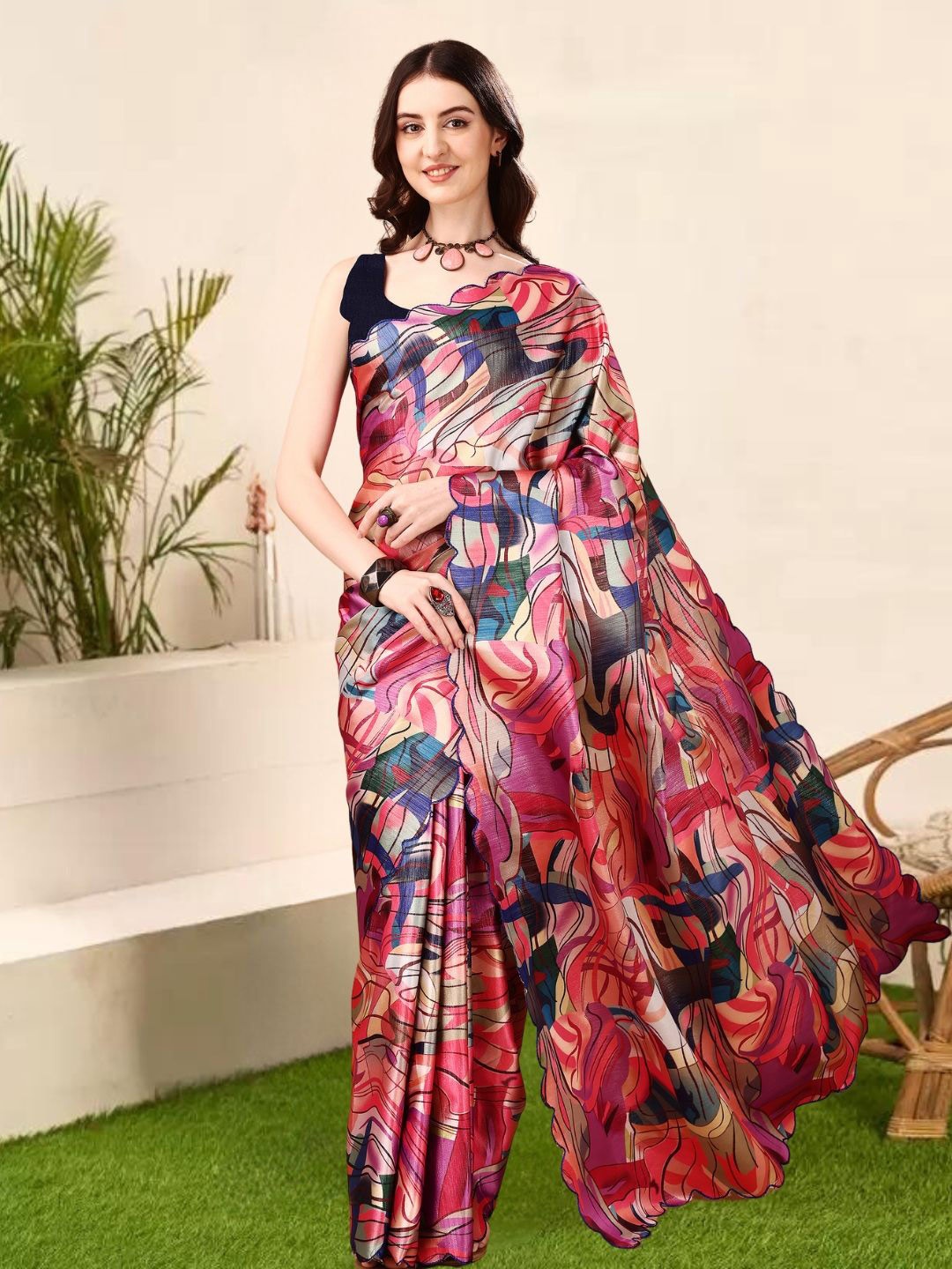 

MAGMINA Abstract Satin Banarasi Saree, Pink