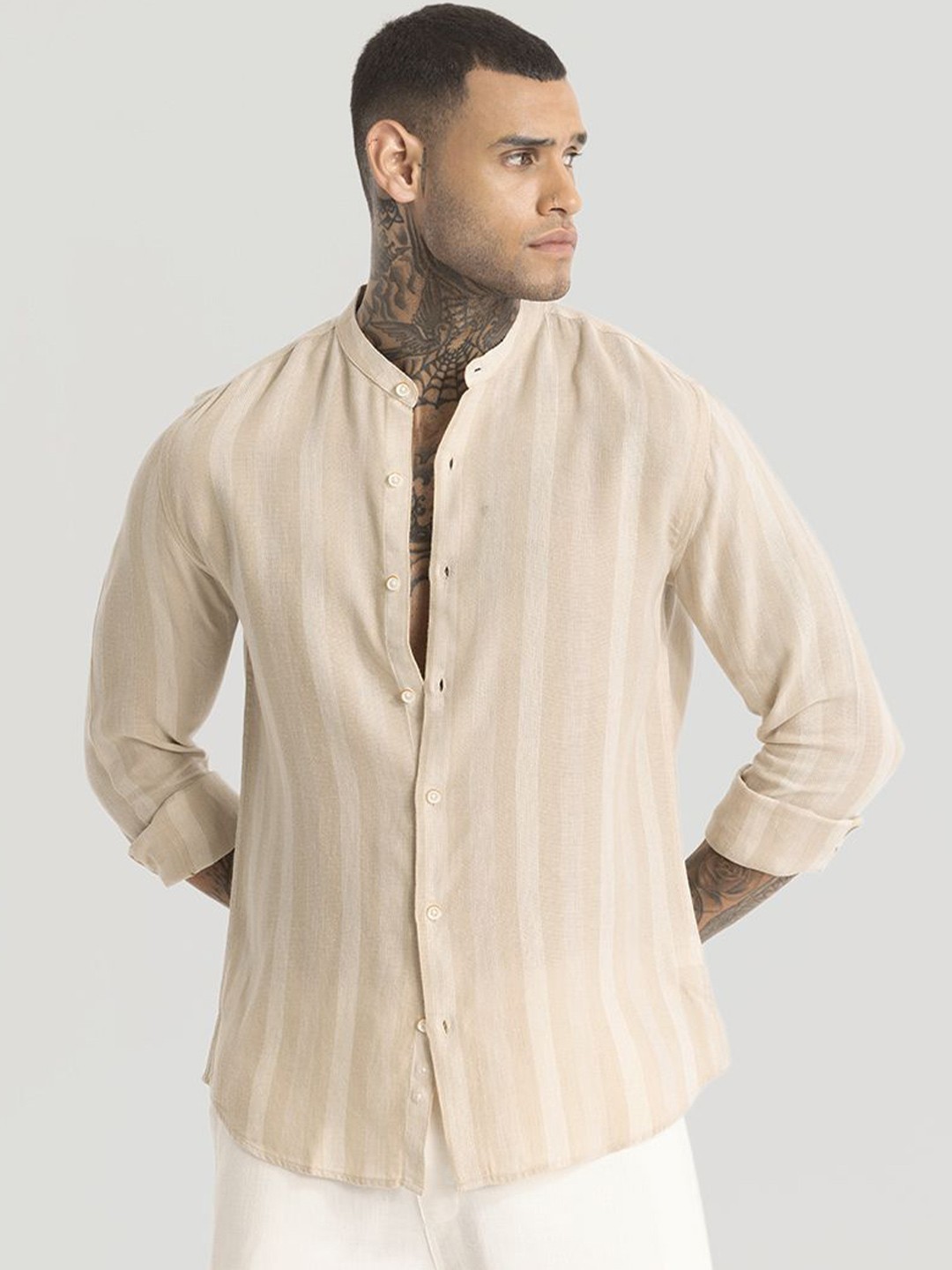 

Snitch Men Smart Slim Fit Opaque Striped Casual Shirt, Beige