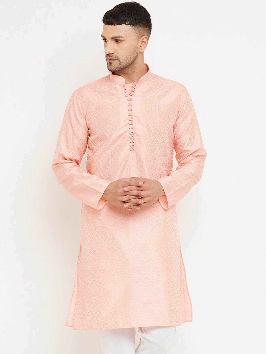 

Armaan Ethnic Floral Woven Design Mandarin Collar Thread Work Straight Kurta, Pink