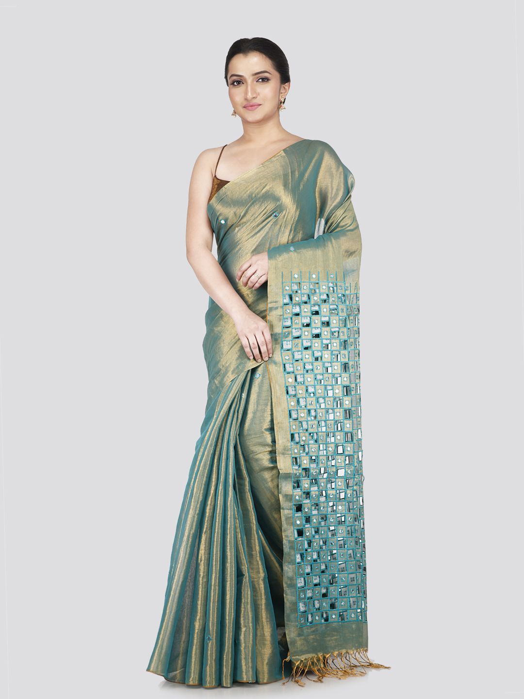 

PinkLoom Embellished Mirror Work Silk Cotton Saree, Sea green