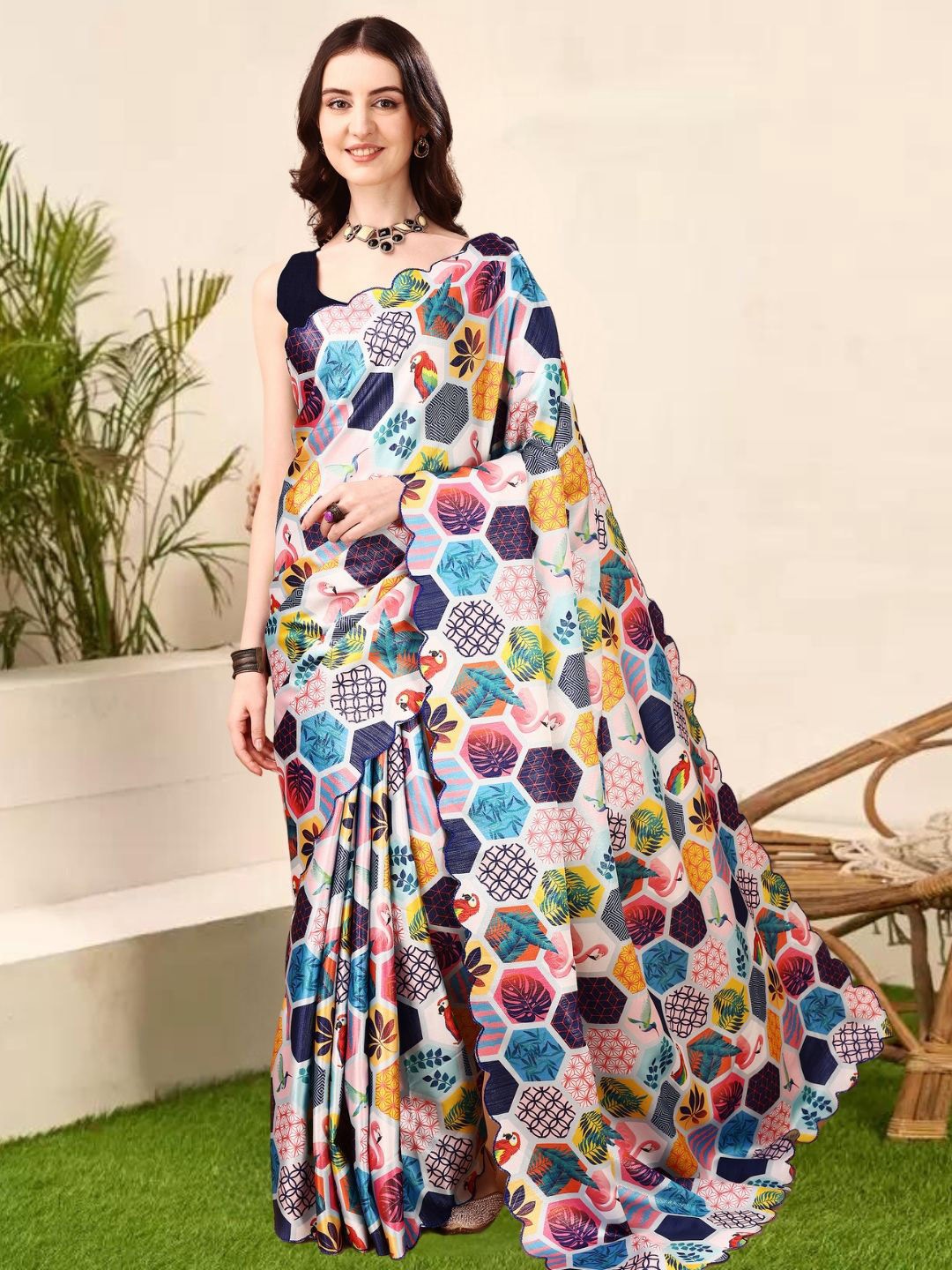 

MAGMINA Geometric Satin Banarasi Saree, Blue