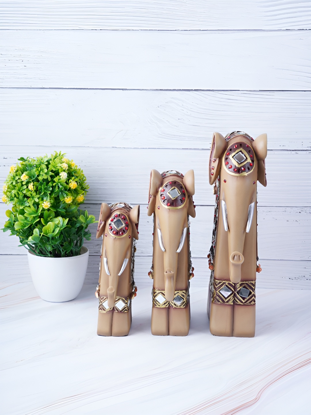 

FASHIYANOO Brown & White 3 Pieces Mirror Work Elephant Figurine Showpiece