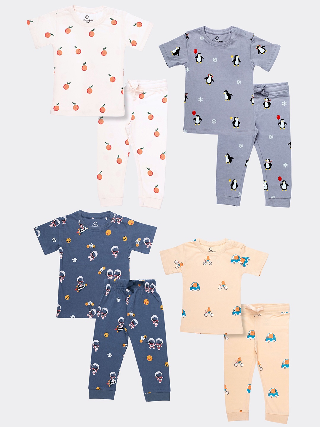 

Orange Sugar Kids Pack Of 4 Printed Round Neck Pure Cotton T-shirt with Pyjamas, White