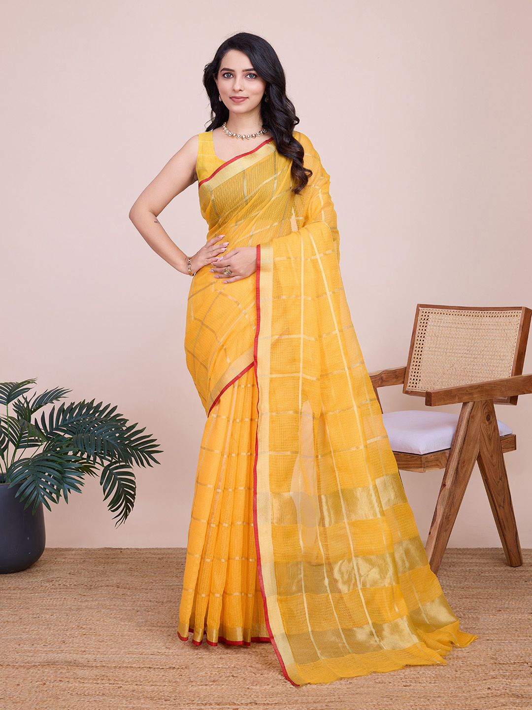 

Mitera Checked Zari Kota Saree With Blouse Piece, Yellow