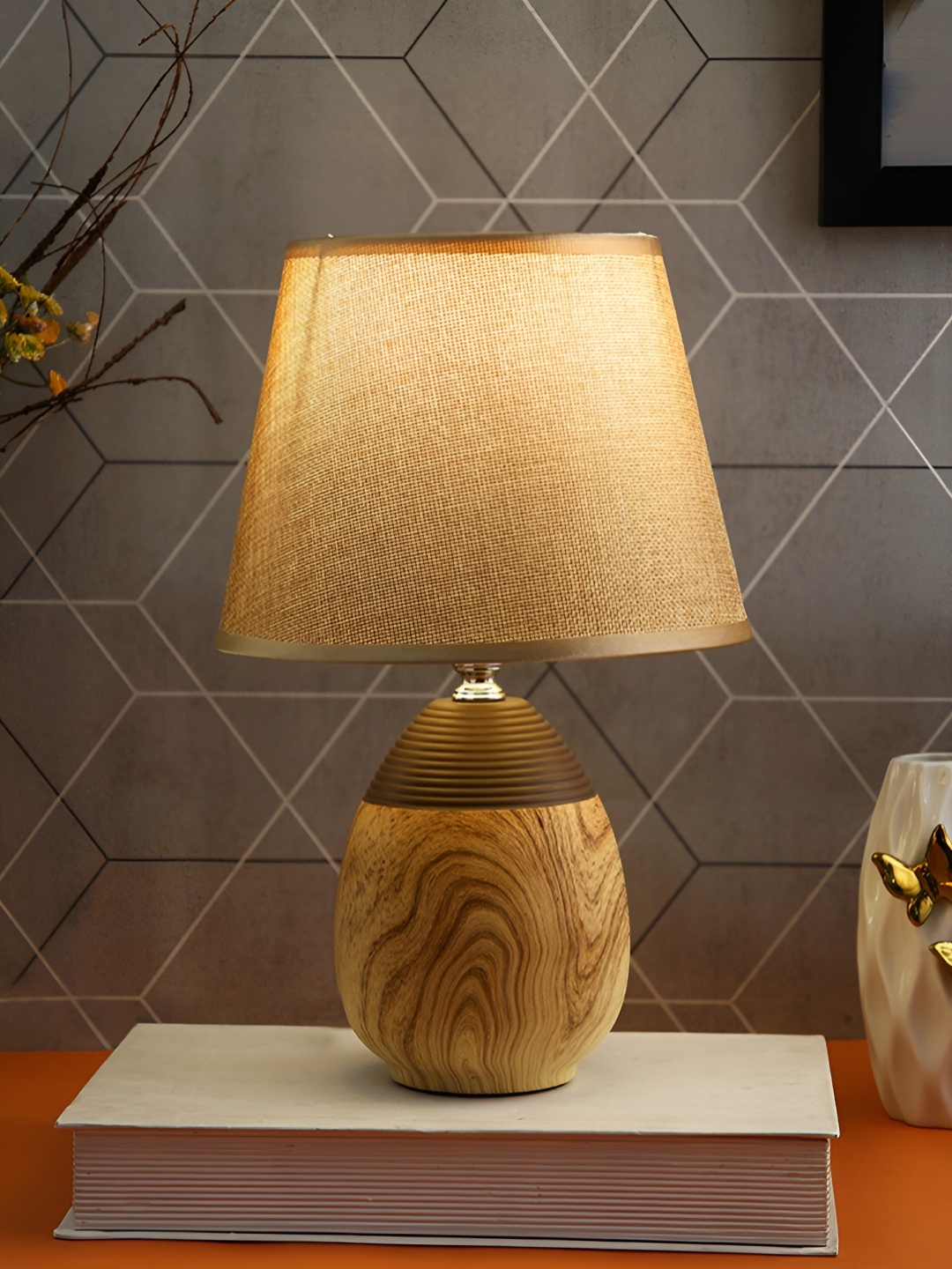 

TAYHAA Brown & Beige Printed Ceramic Contemporary Frustum Shaped Table Lamp