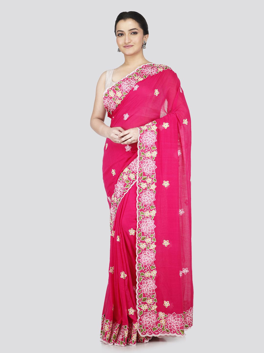 

PinkLoom Floral Embroidered Pure Cotton Saree, Pink