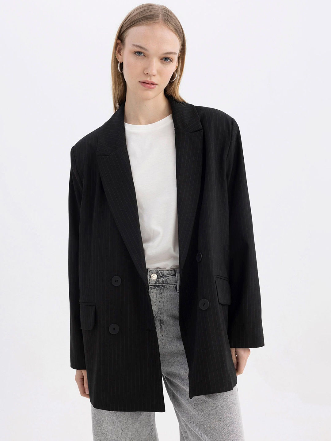 

DeFacto Single-Breasted Striped Notched Lapel Collar Blazers, Black