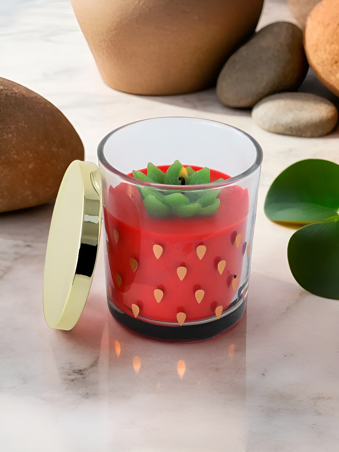 

Ekhasa Red & Yellow Printed Strawberrie Fragrance Scented Wax Jar Candle