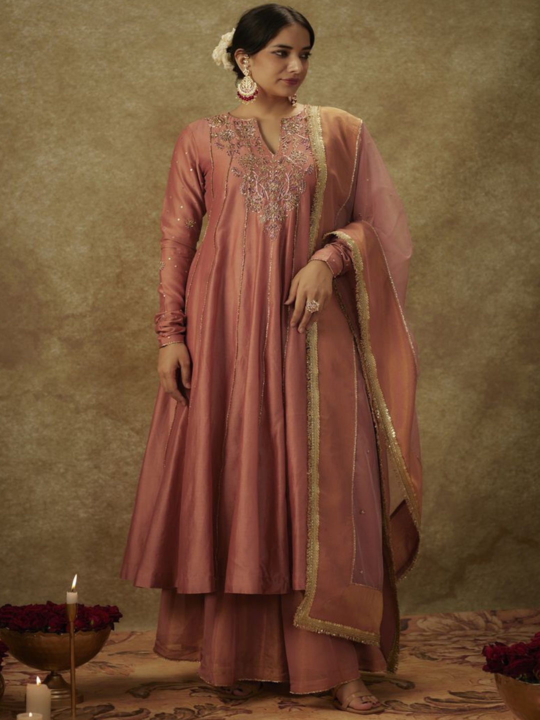 

The Aarya Ethnic Motifs Embroidered Panelled Chanderi Silk Kurta With Palazzos & Dupatta, Pink