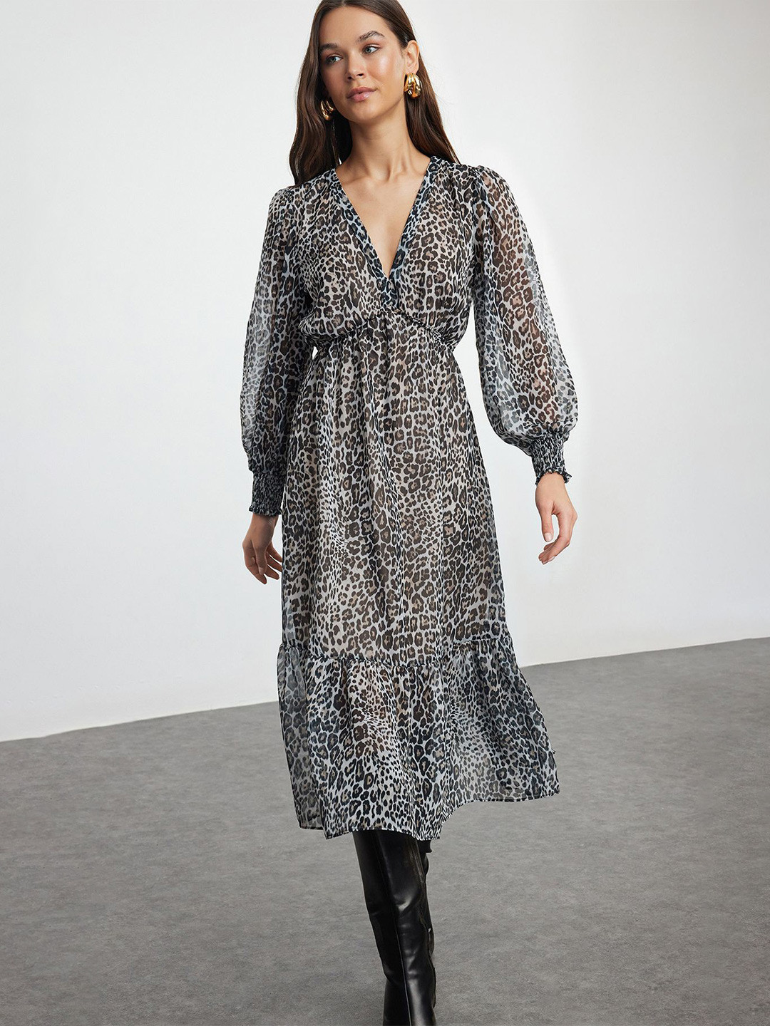 

Trendyol Animal Print Puff Sleeve Midi Dress, Black