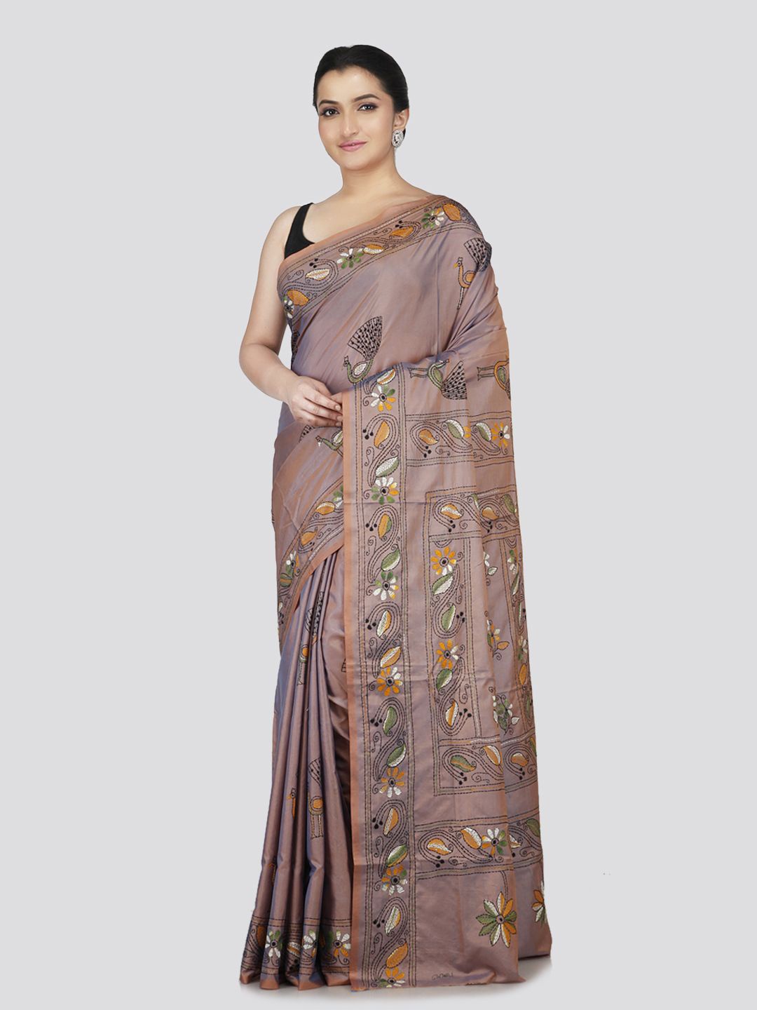 

PinkLoom Paisley Kantha Work Pure Silk Saree, Brown