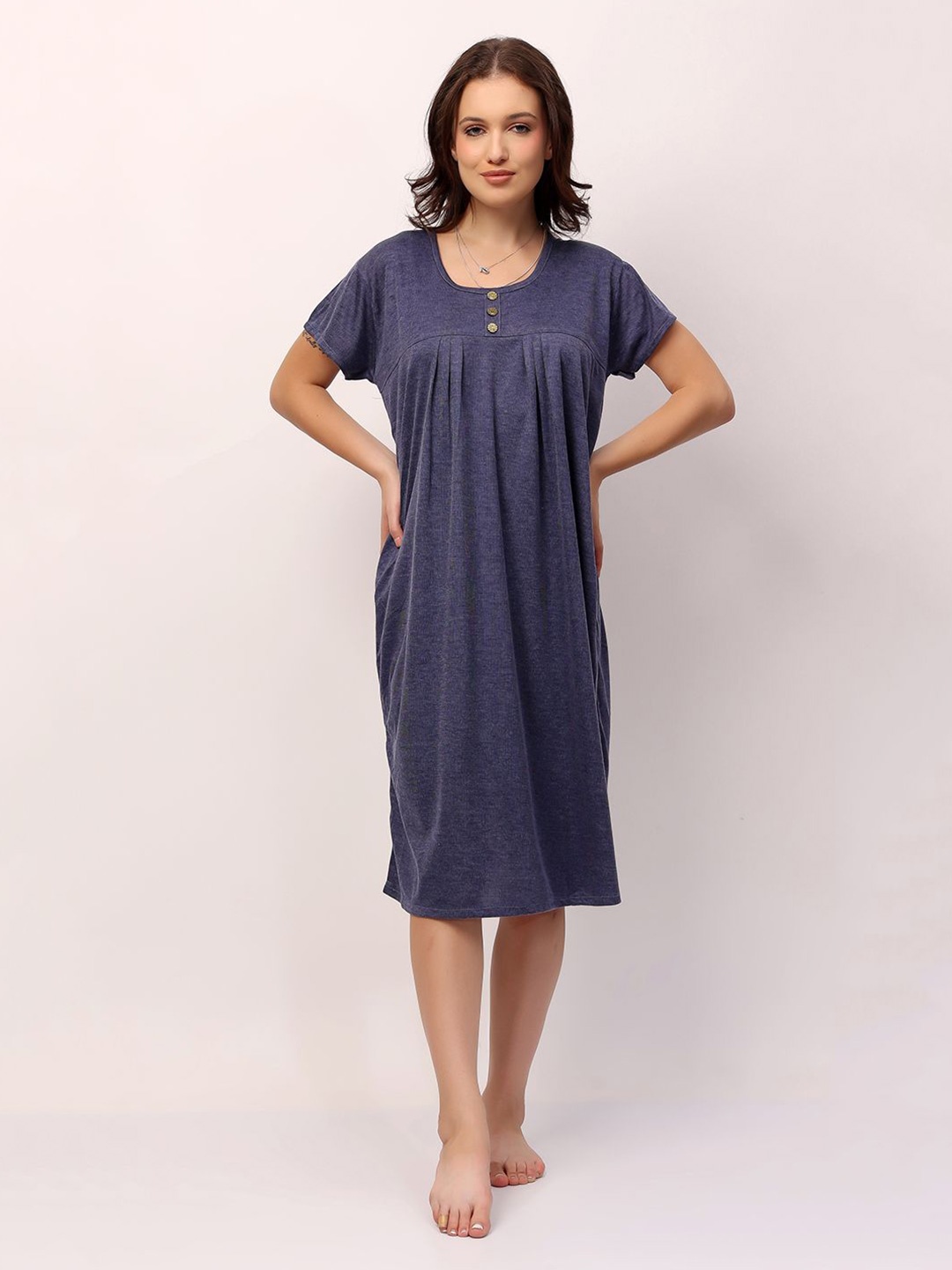 

NIGHT KEYS Solid Short Sleeves Nightdress, Navy blue