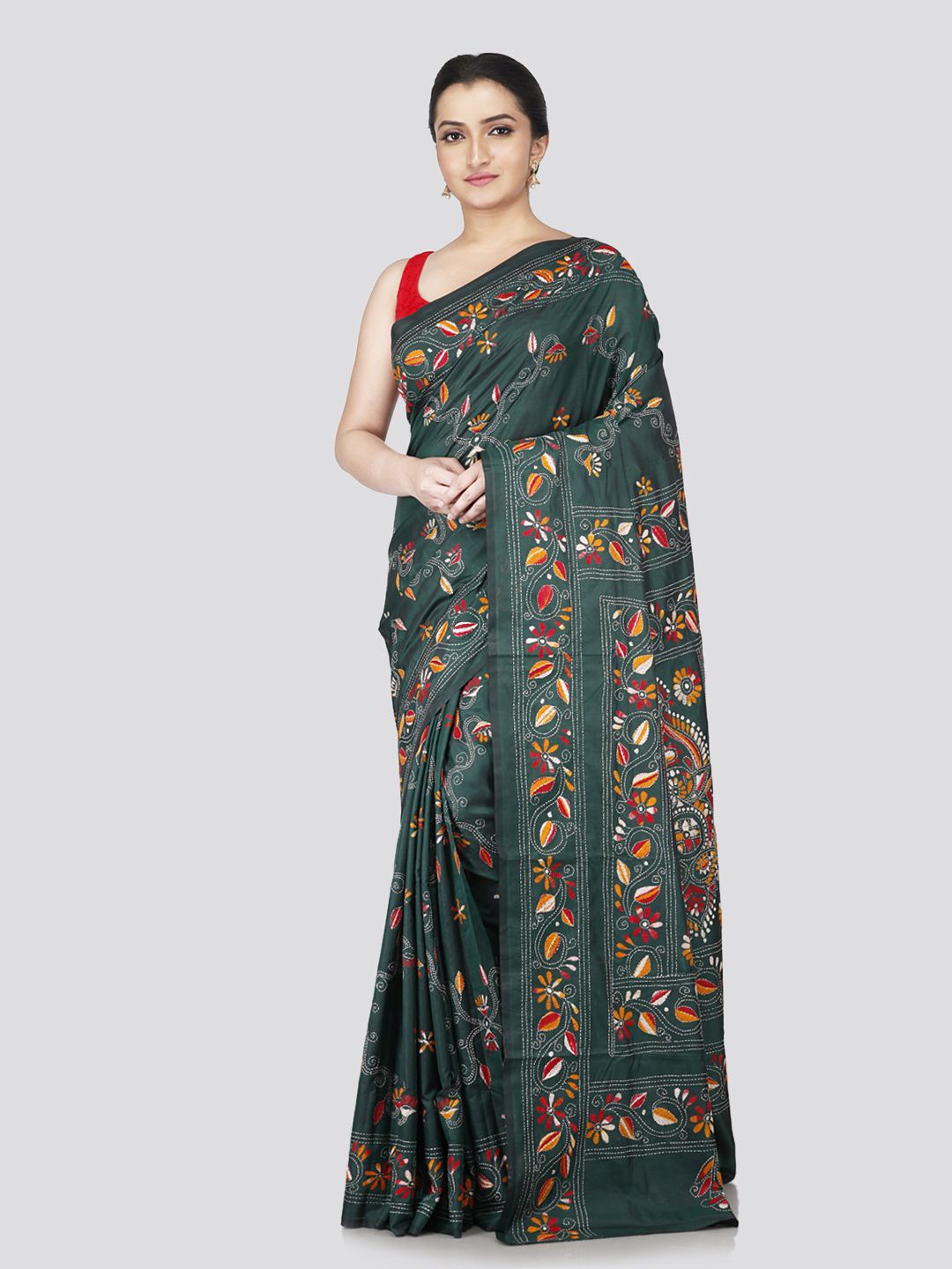 

PinkLoom Floral Kantha Work Pure Silk Heavy Work Saree, Green