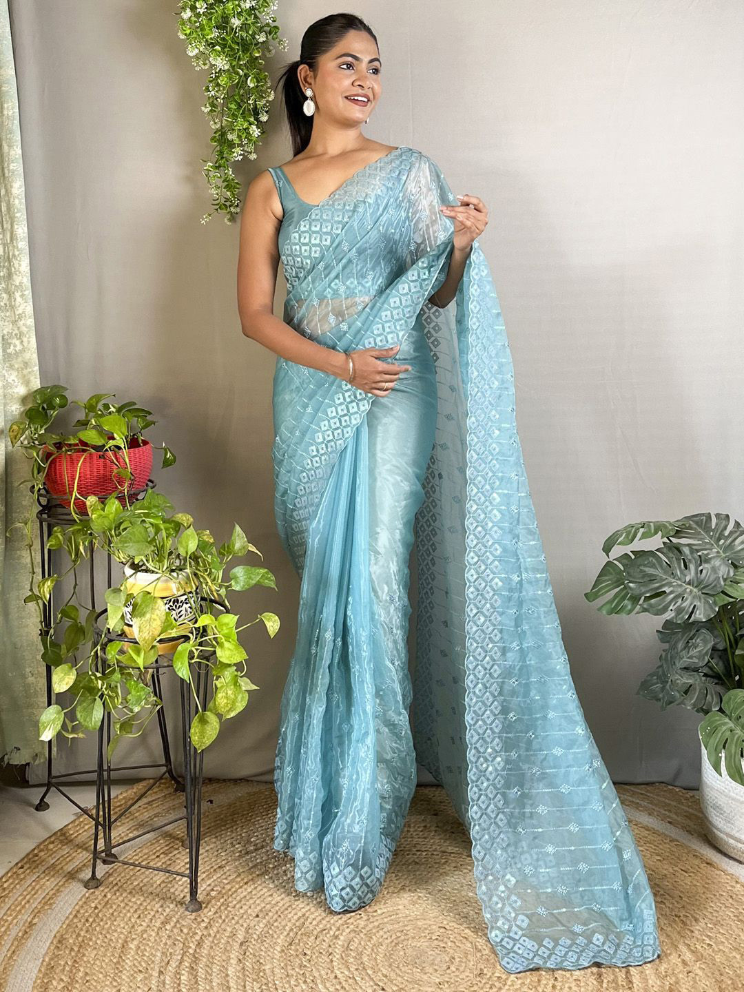 

Mitera Embellished Sequinned Organza Saree, Blue