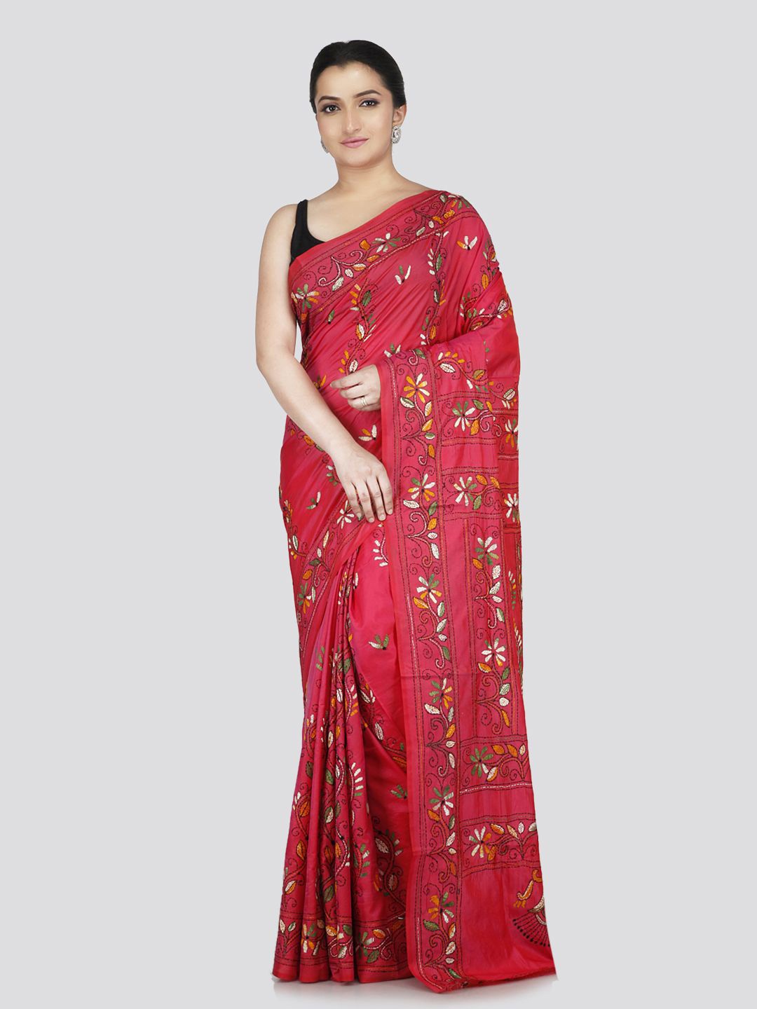 

PinkLoom Floral Kantha Work Pure Silk Saree, Pink