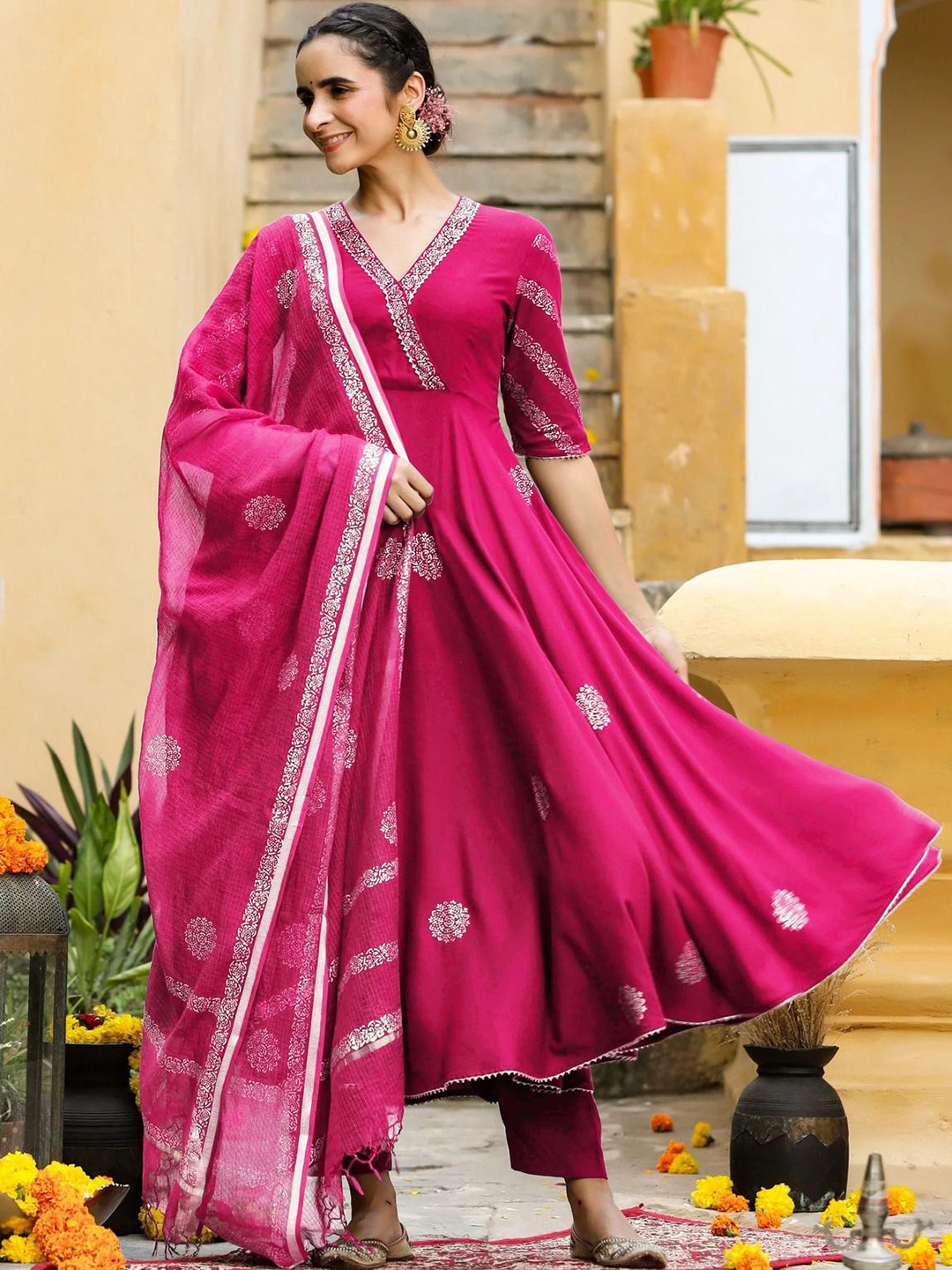 

Anni Designer Ethnic Motifs Printed Anarkali Kurta With Trousers & Dupatta, Pink